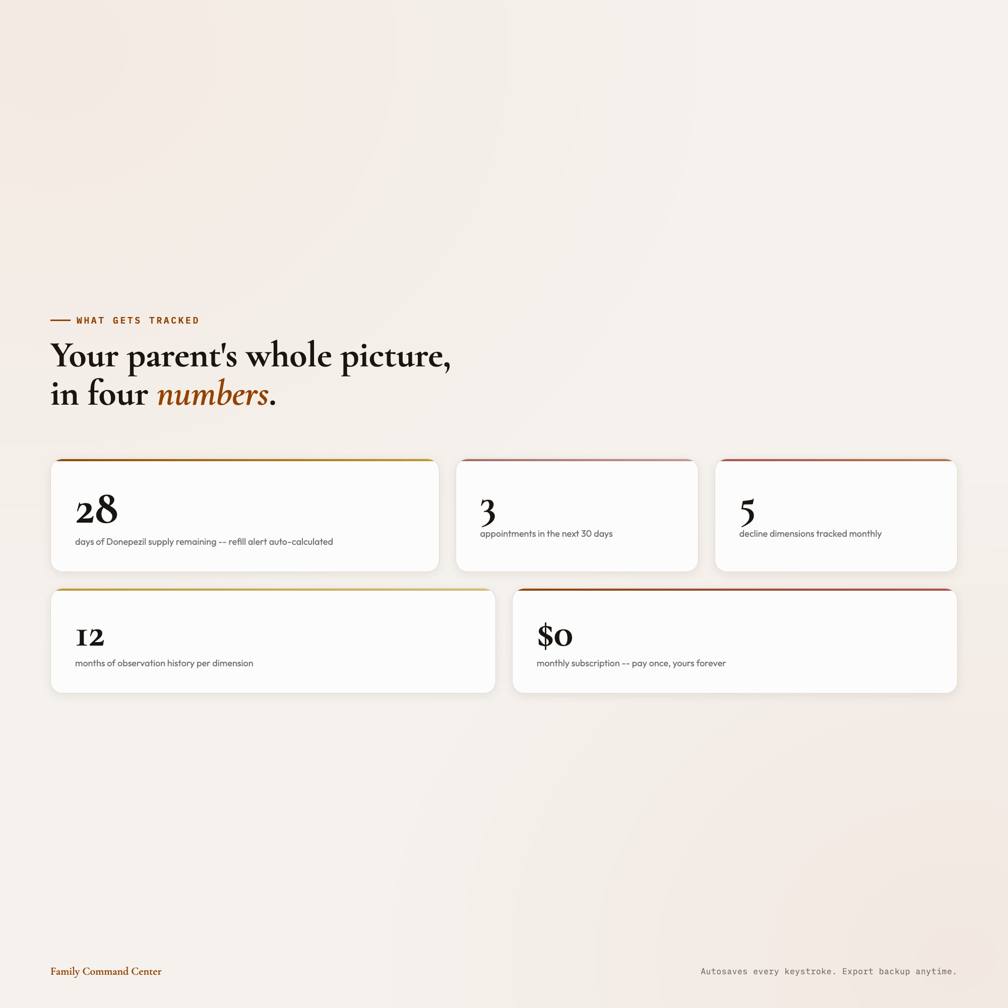 Caregiver dashboard stat cards showing medications tracked, appointments, documents filed, and sibling tasks