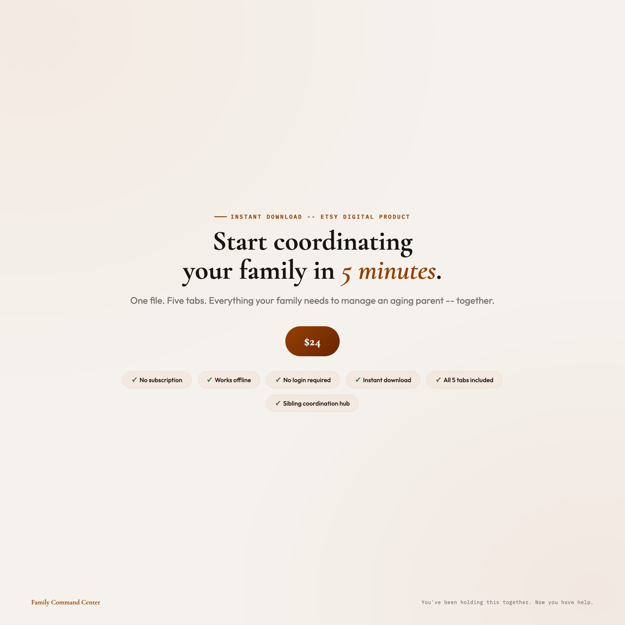 Family command center instant download -- $24 one-time purchase, no subscription, no login, 5-tab dashboard