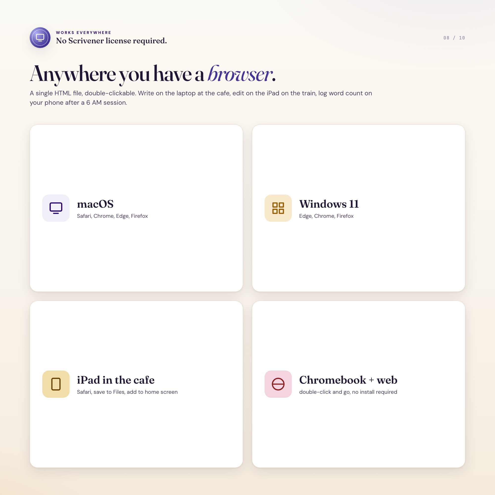 Manuscript dashboard works on macOS Windows iPad Chromebook, no app store no install, single HTML file