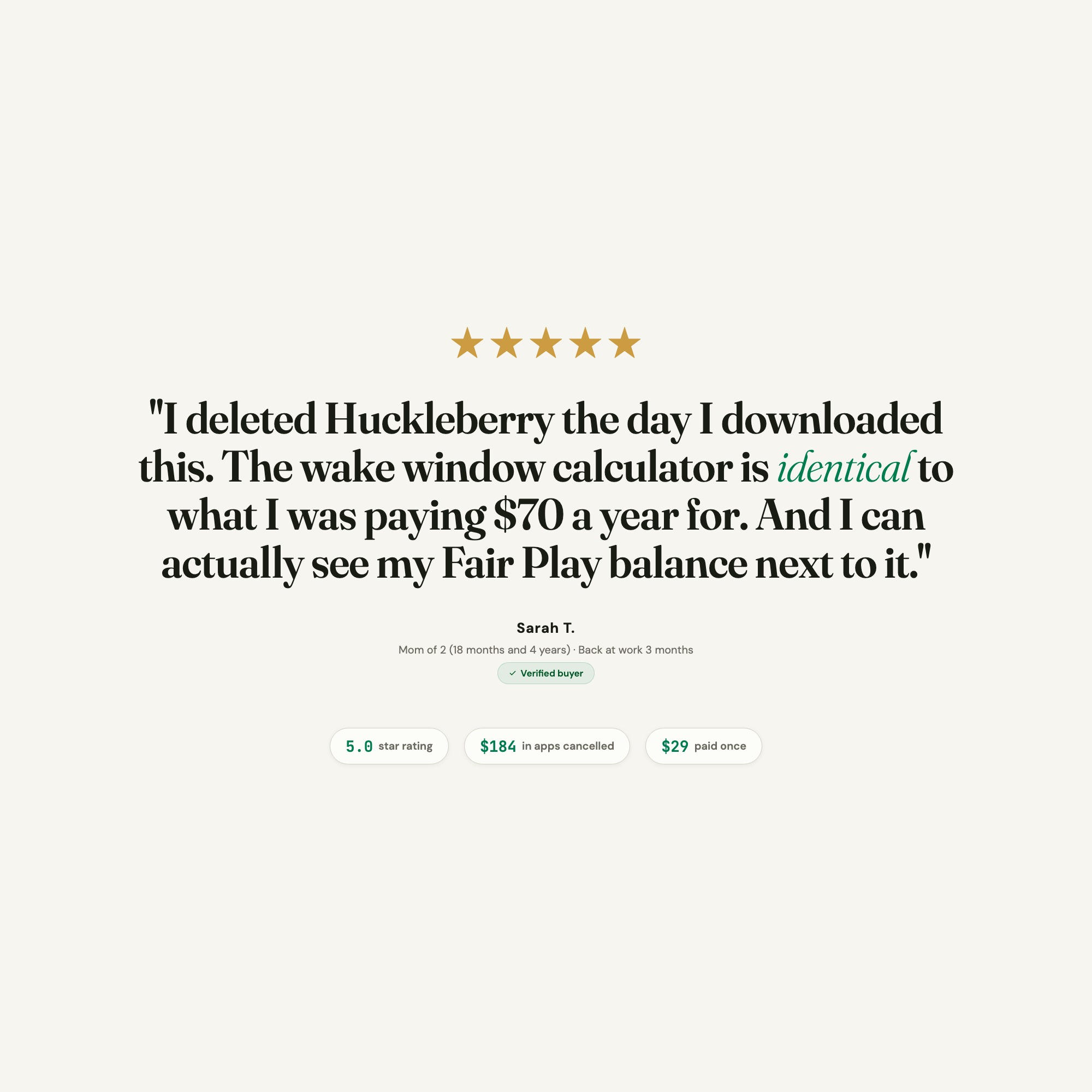 Five star review for screen free family organizer replacing Huckleberry Plus wake window calculator