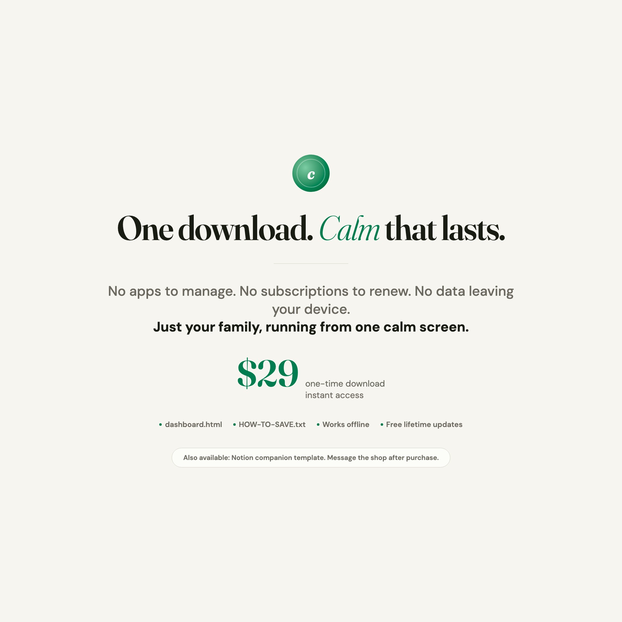 Calm Family OS instant download $29: one file, no subscription, no app, works offline forever for parents