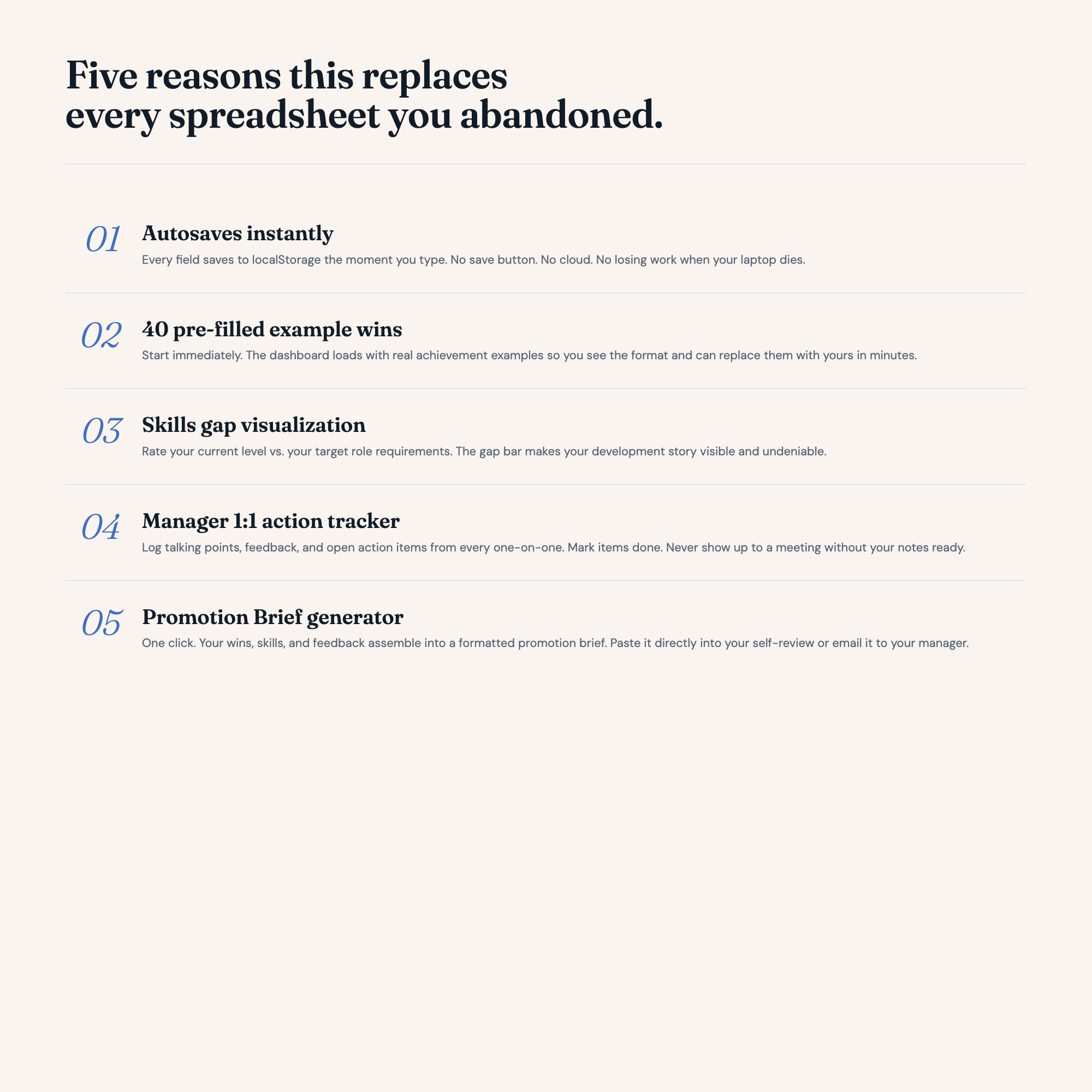 Career Growth Dashboard, Interactive Promotion OS: Achievement Log, Skills Map, Promotion Brief Generator, Annual Review Tracker — image 5