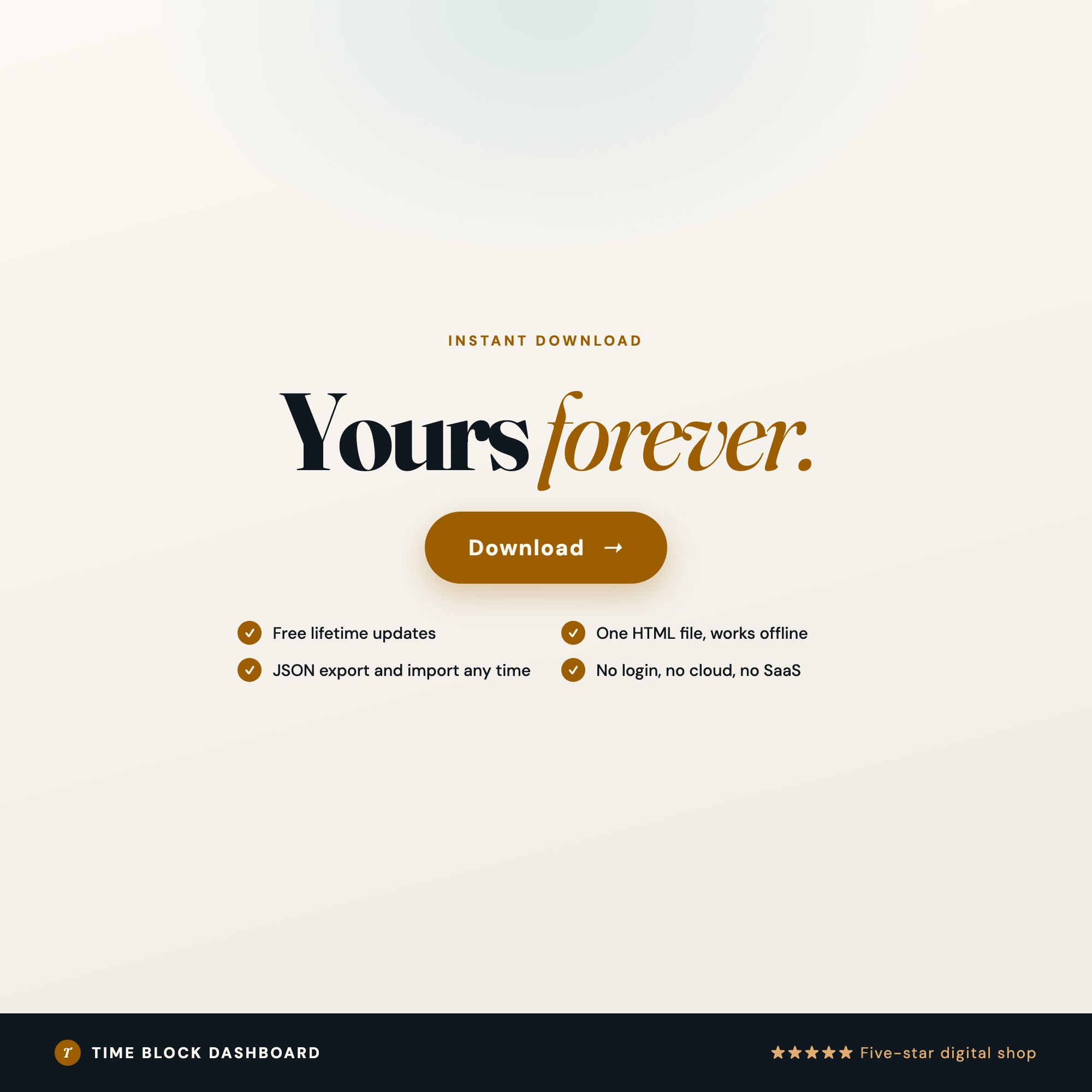Final CTA, instant download interactive time block dashboard, browser HTML planner, morning ritual plus end-of-day reset