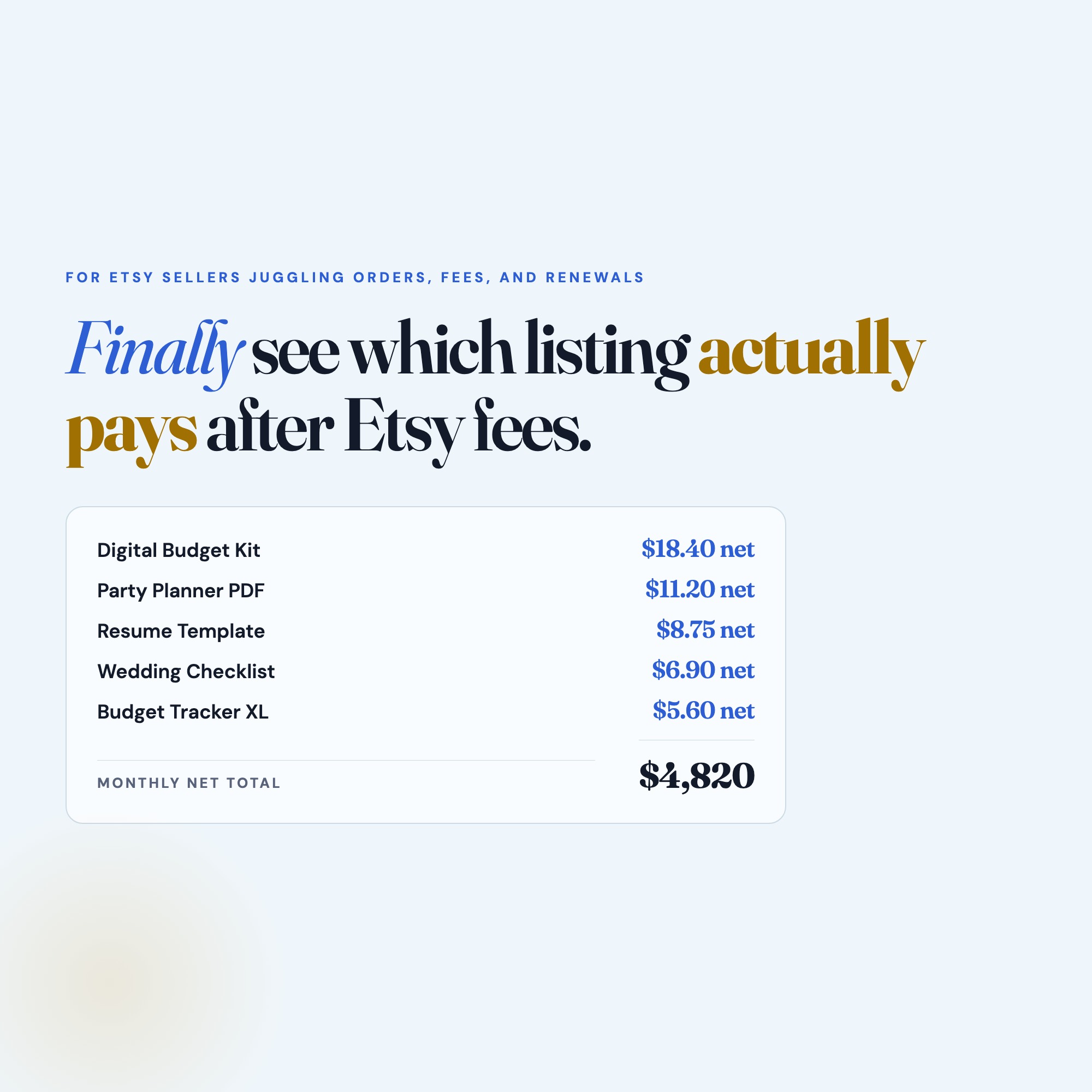 Etsy seller profit ledger showing net earnings per listing after fees, no spreadsheet needed