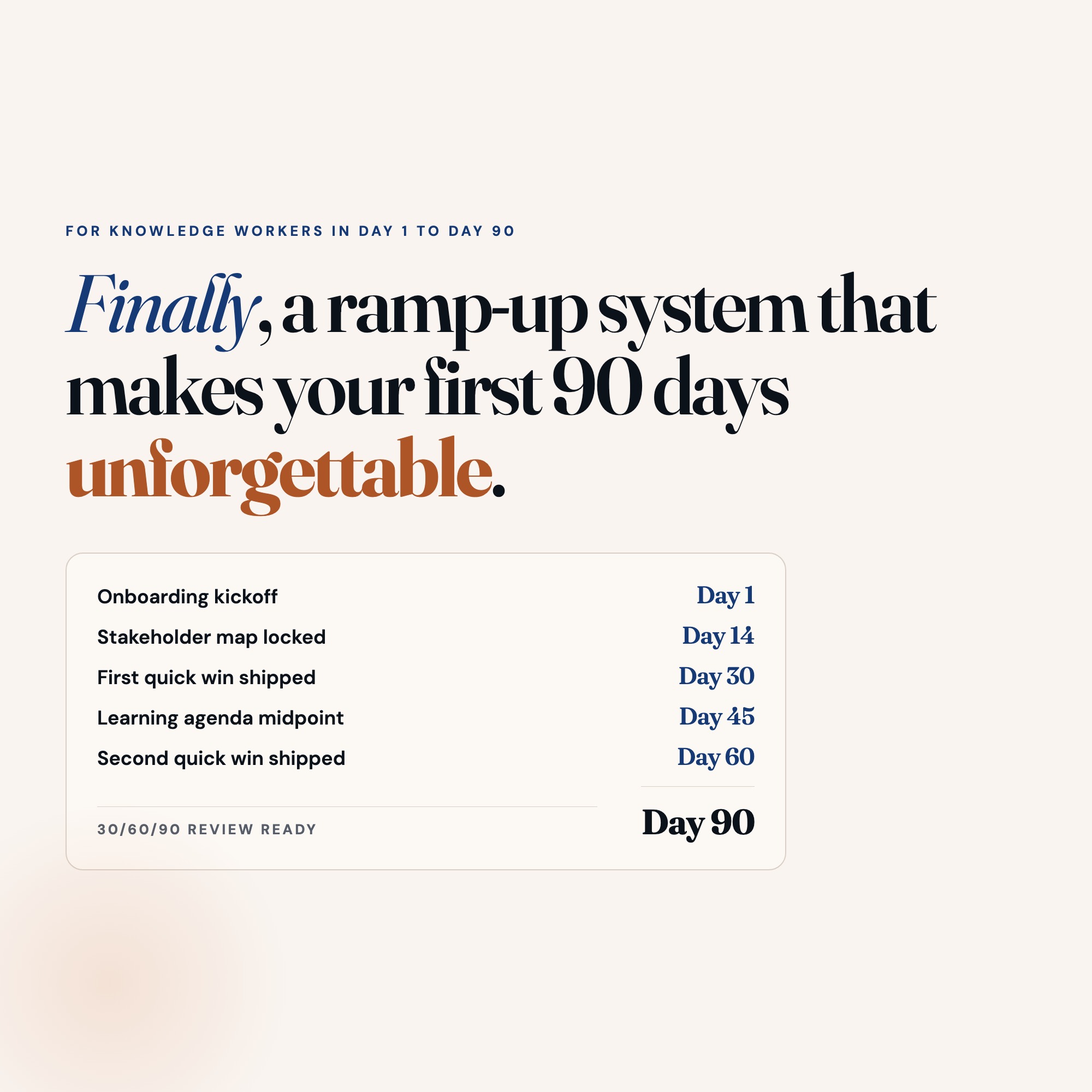 "The first 90 days decide the next three years" pull quote from 90-day ramp onboarding planner for new hires.