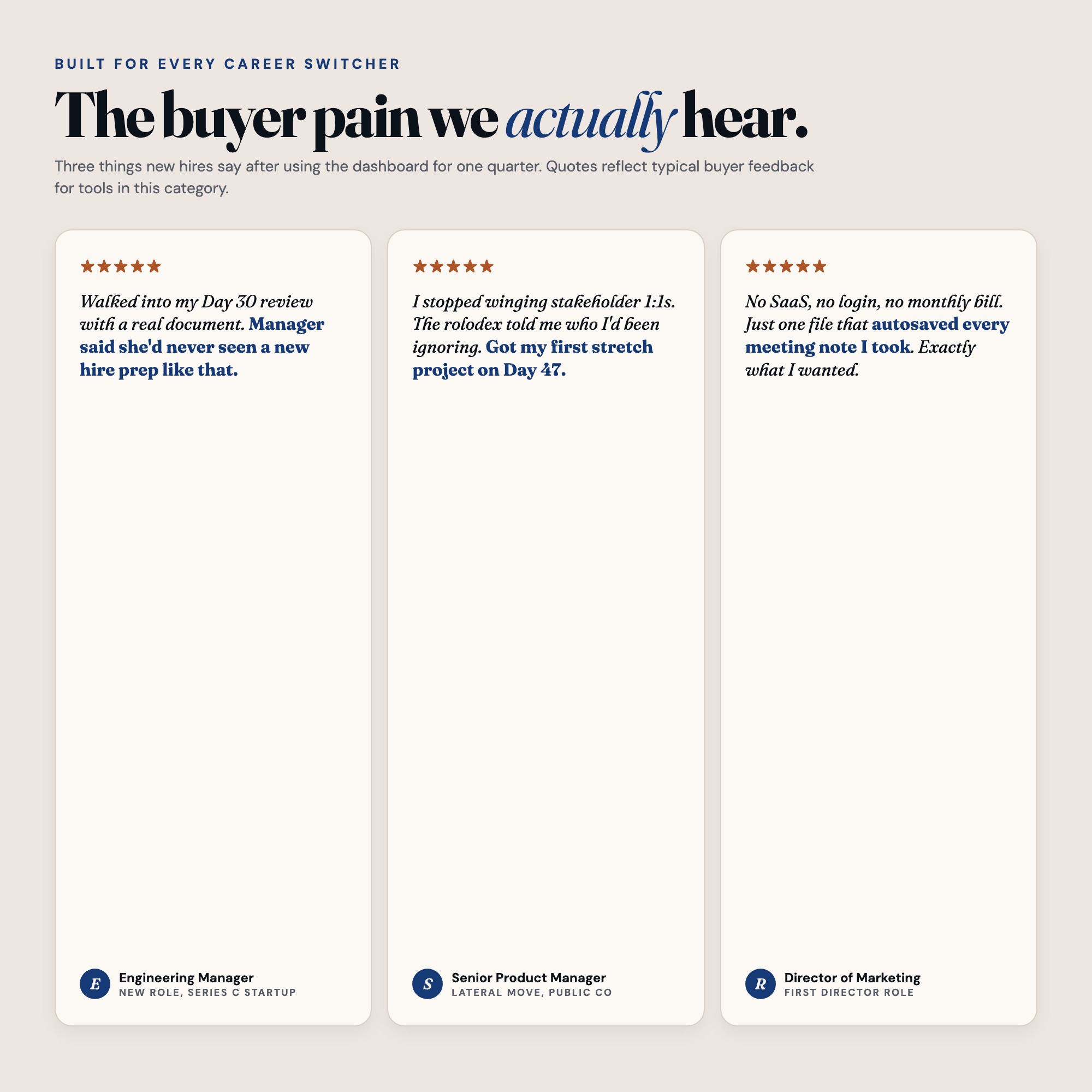 New hire onboarding dashboard reviews from knowledge workers who used 30/60/90 review prep to impress their manager.