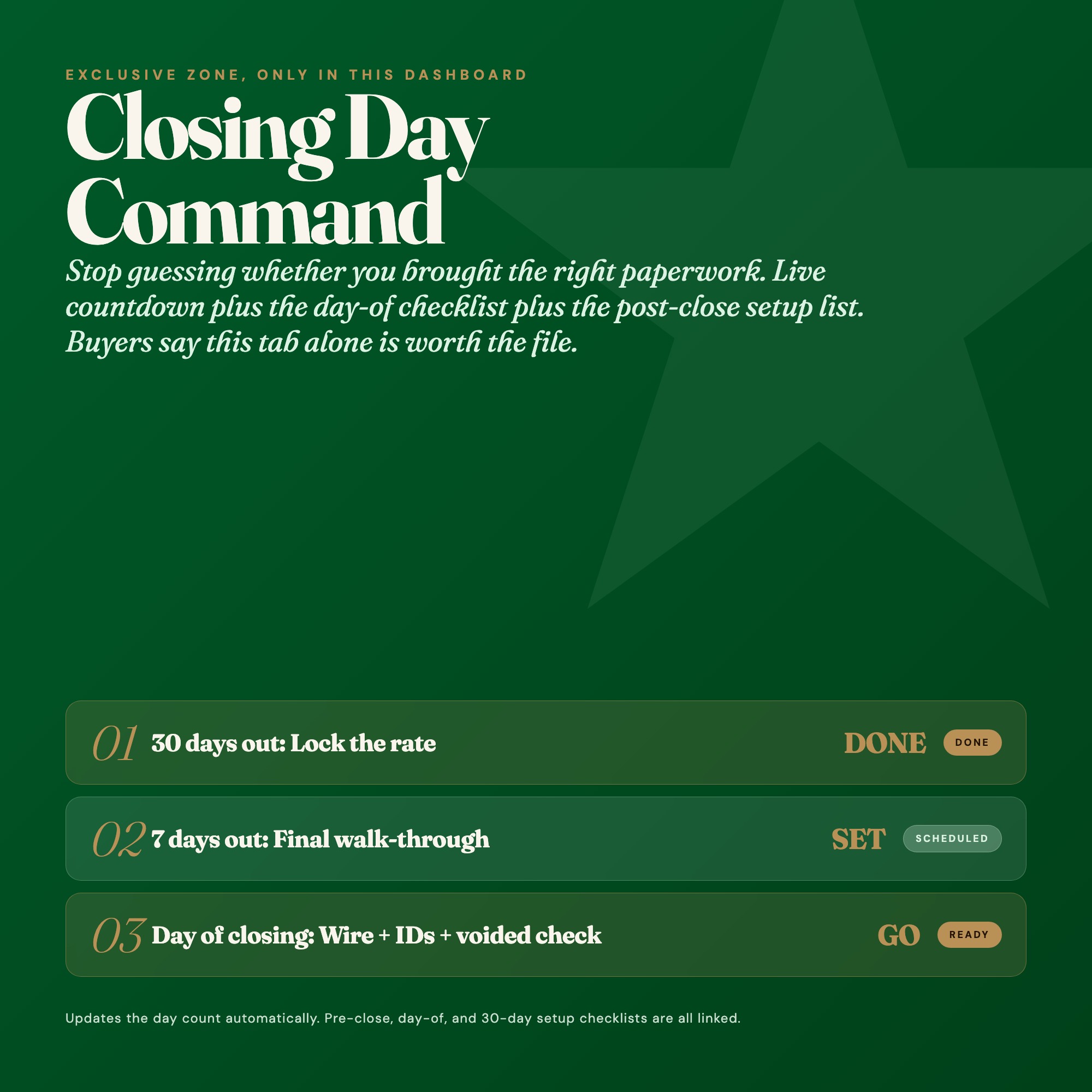 Closing day countdown dashboard exclusive zone first time home buyer digital tool live timer