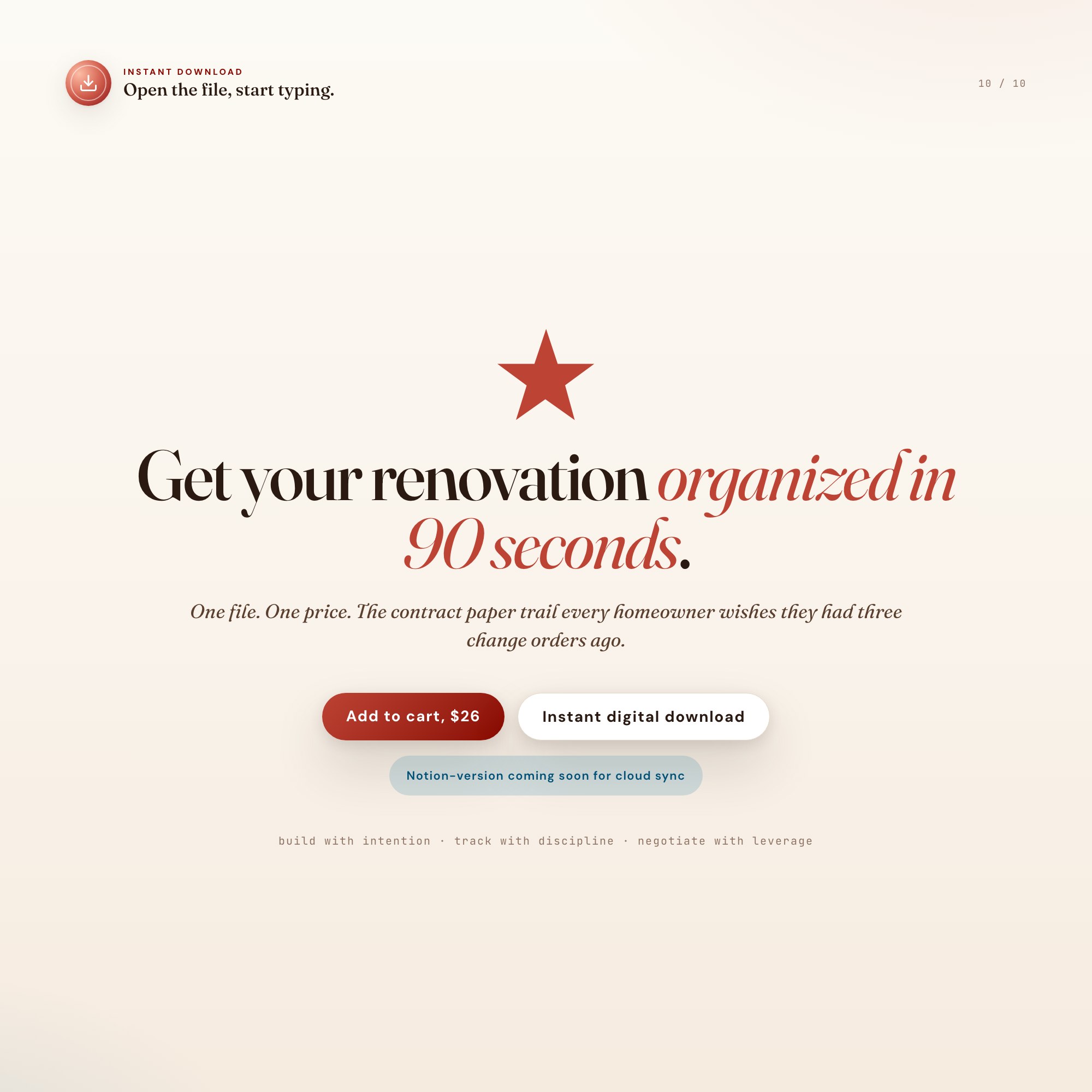 Final call to action for home renovation command center, 26 dollars instant download, Notion version coming soon