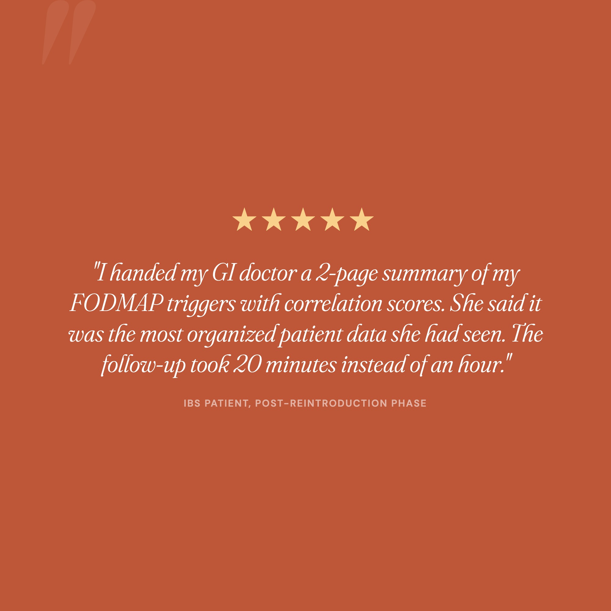 5-star review: GI doctor praised 2-page FODMAP trigger summary, follow-up shortened from 1 hour to 20 minutes