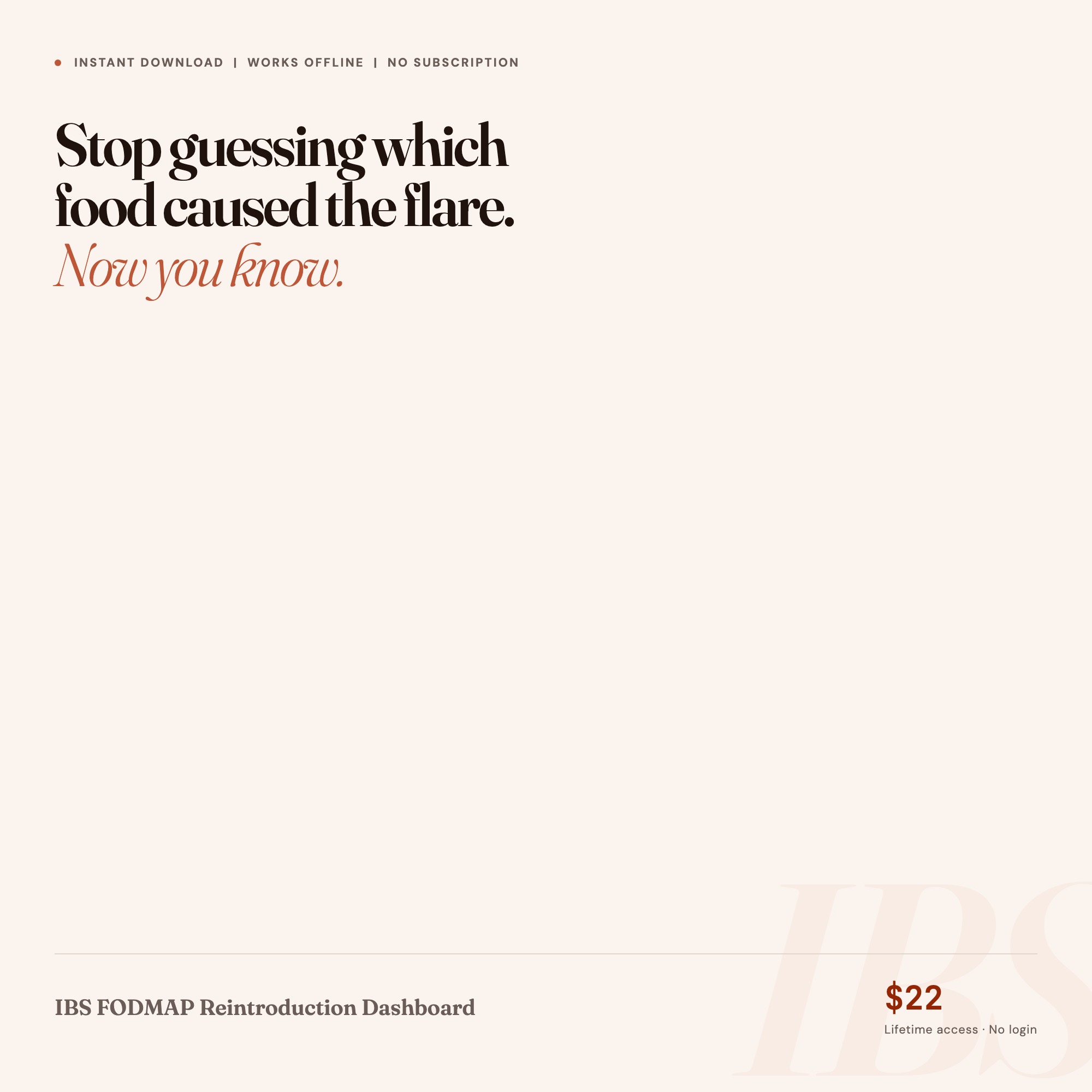 Stop guessing which food caused the IBS flare. FODMAP dashboard with doctor summary, $22 instant download