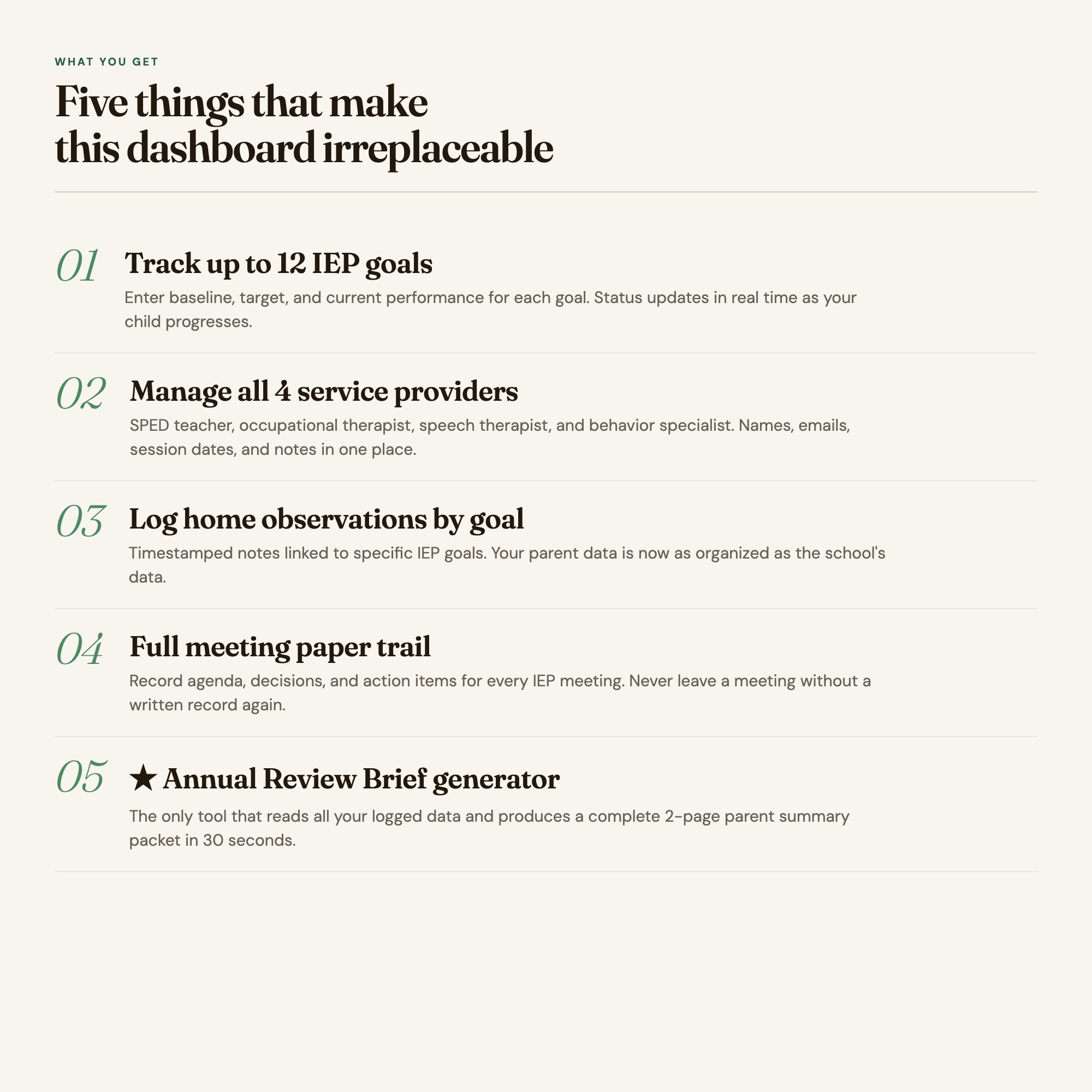IEP Parent Progress Dashboard, Interactive Goal Tracker OS, Annual Review Brief Generator, 4-Provider Log — image 5
