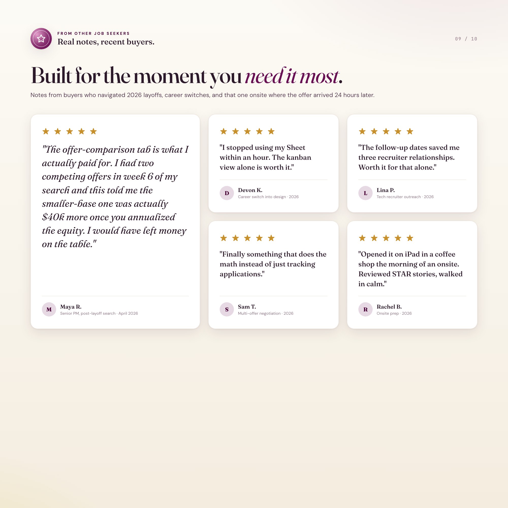 Five 5-star reviews from 2026 buyers about the offer-comparison engine, kanban, follow-ups, STAR stories.