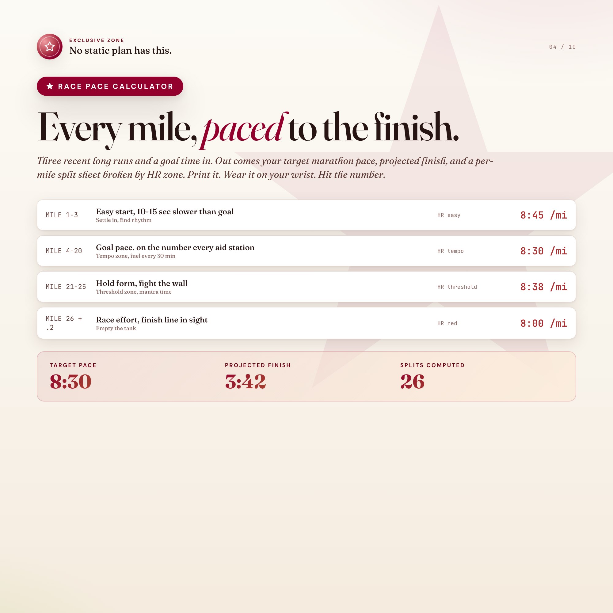Race pace calculator exclusive zone, mile splits broken by heart rate zone, projected finish time live on every input