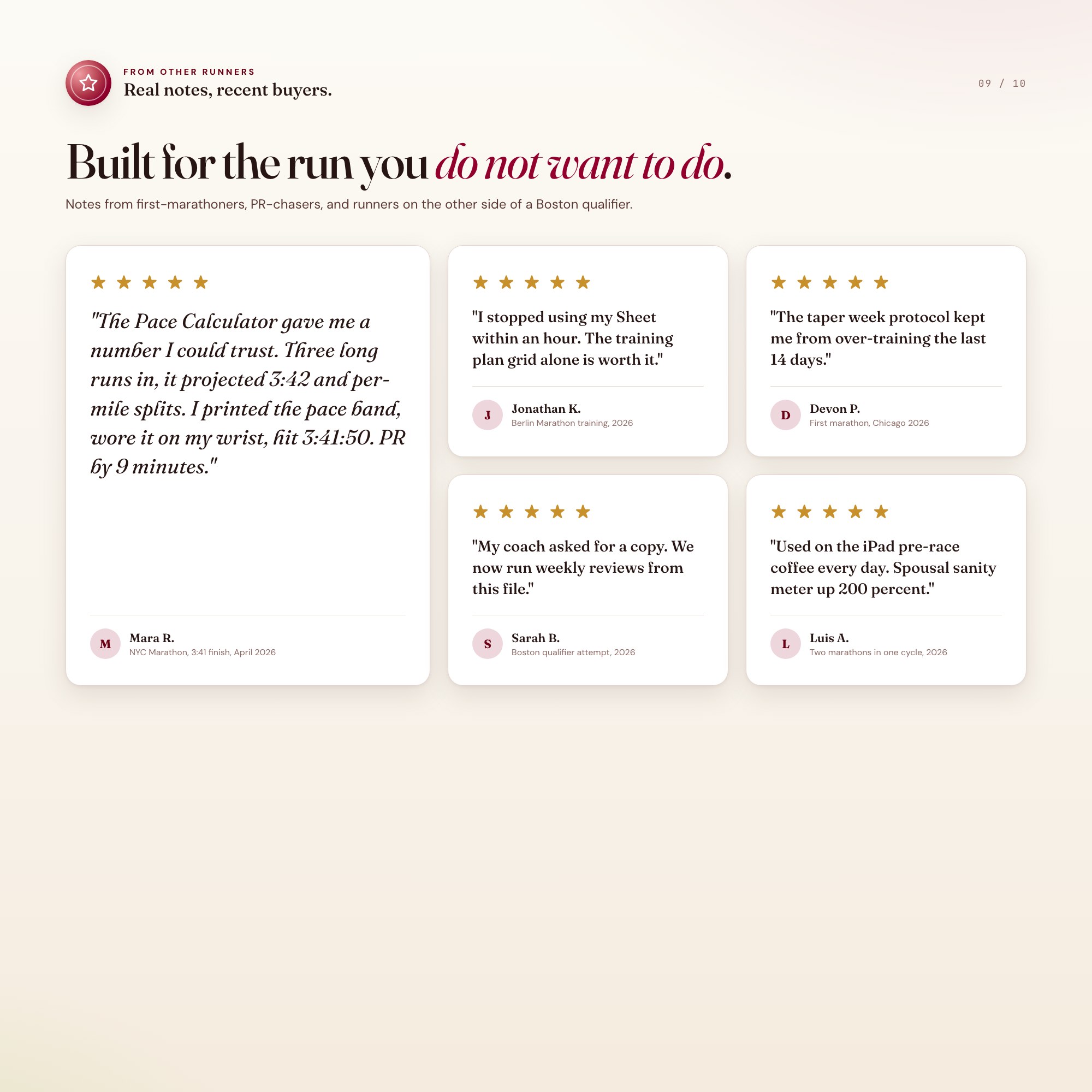 Five star reviews from real runners using the marathon training dashboard for NYC Boston Berlin Chicago London