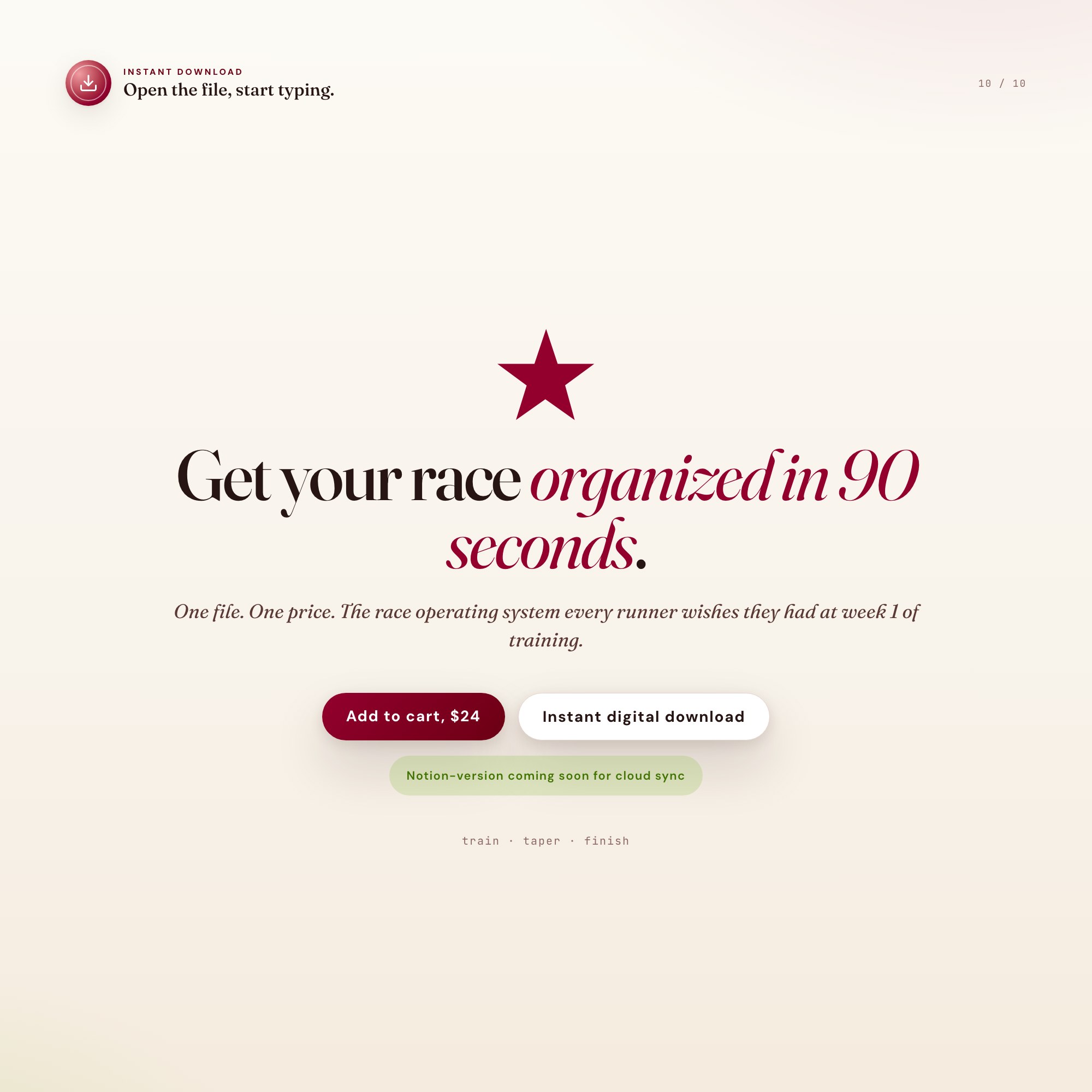 Final call to action for marathon training dashboard, 24 dollars instant download, Notion version coming soon