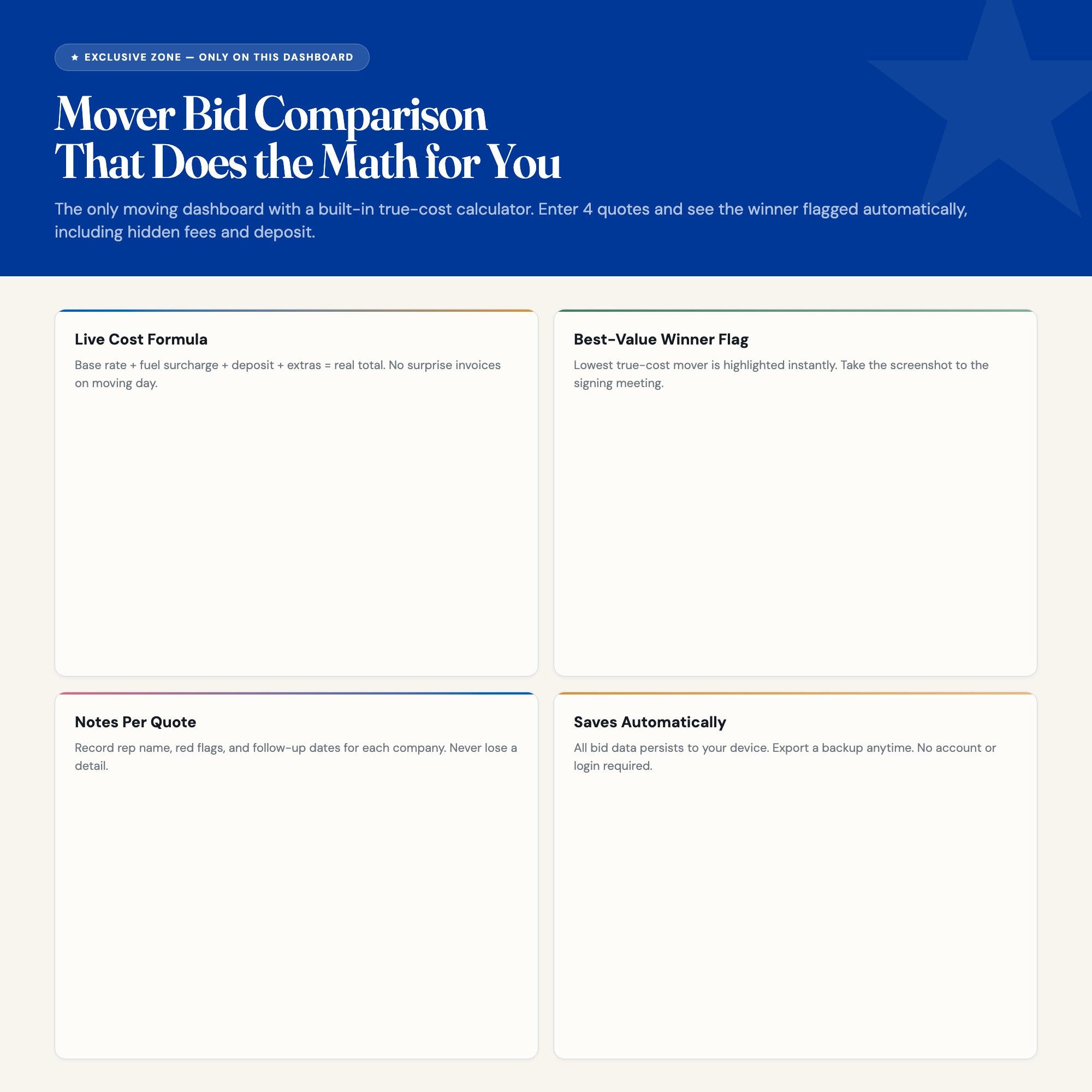 Exclusive mover bid comparison calculator showing side-by-side quotes with total cost winner highlighted