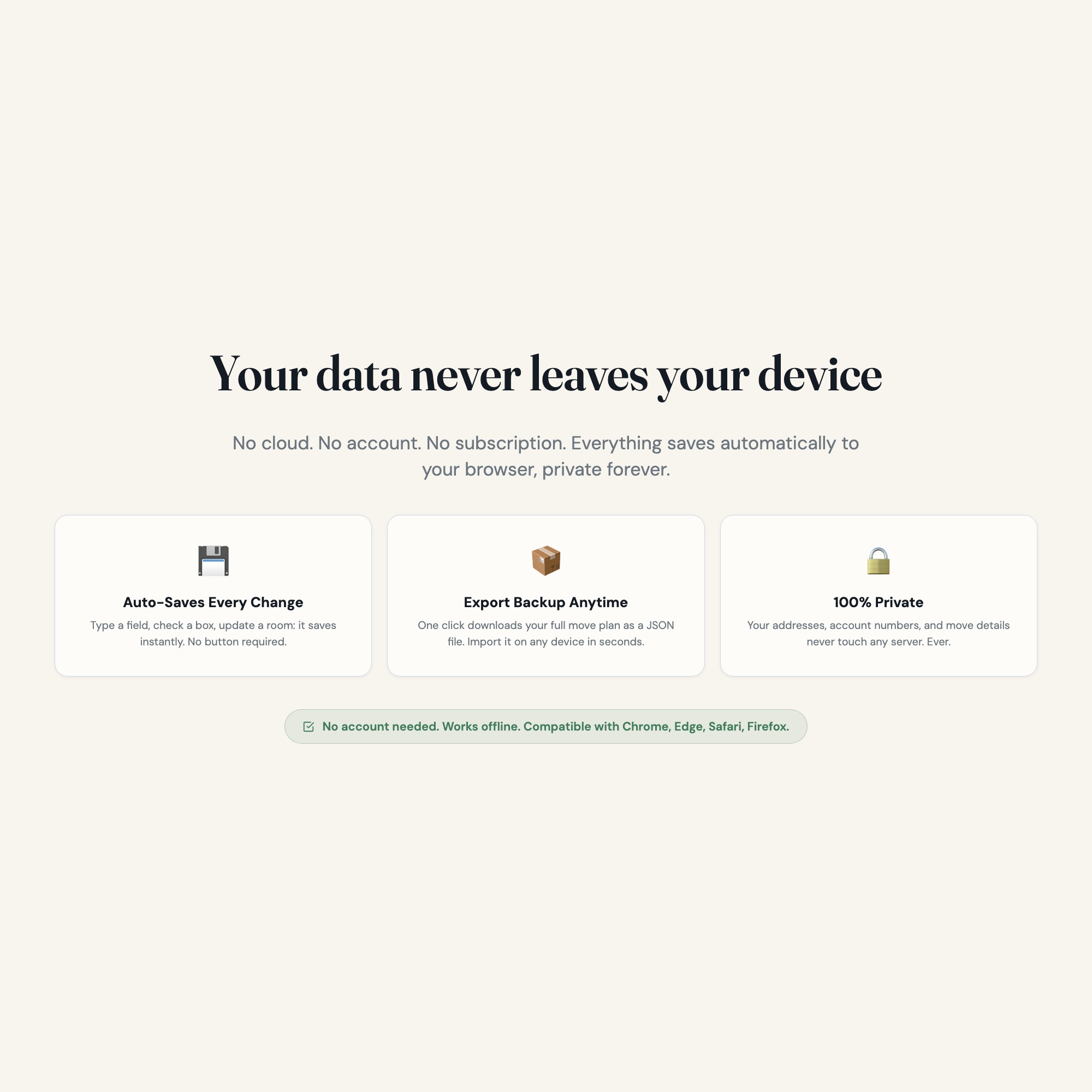 Moving dashboard export backup feature showing your data stays private and works offline forever