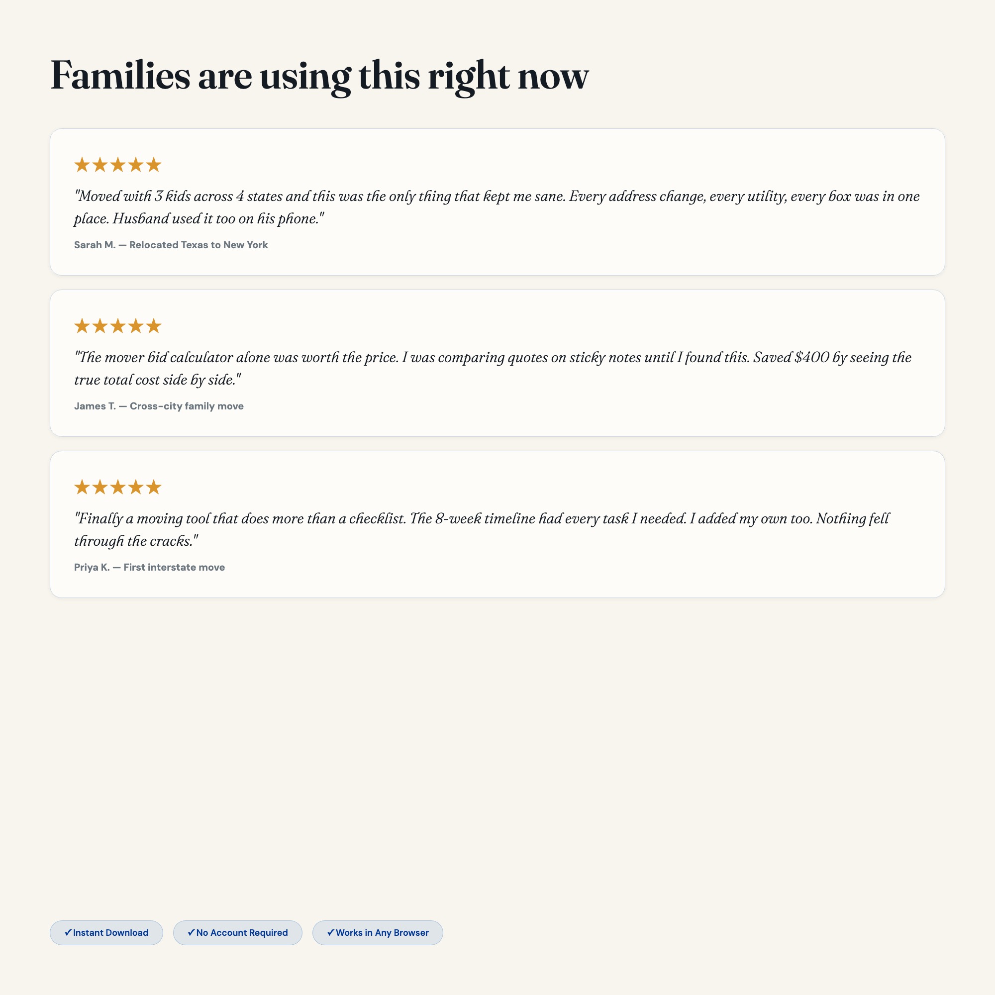 Five-star review of moving dashboard planner saving family sanity during cross-state relocation