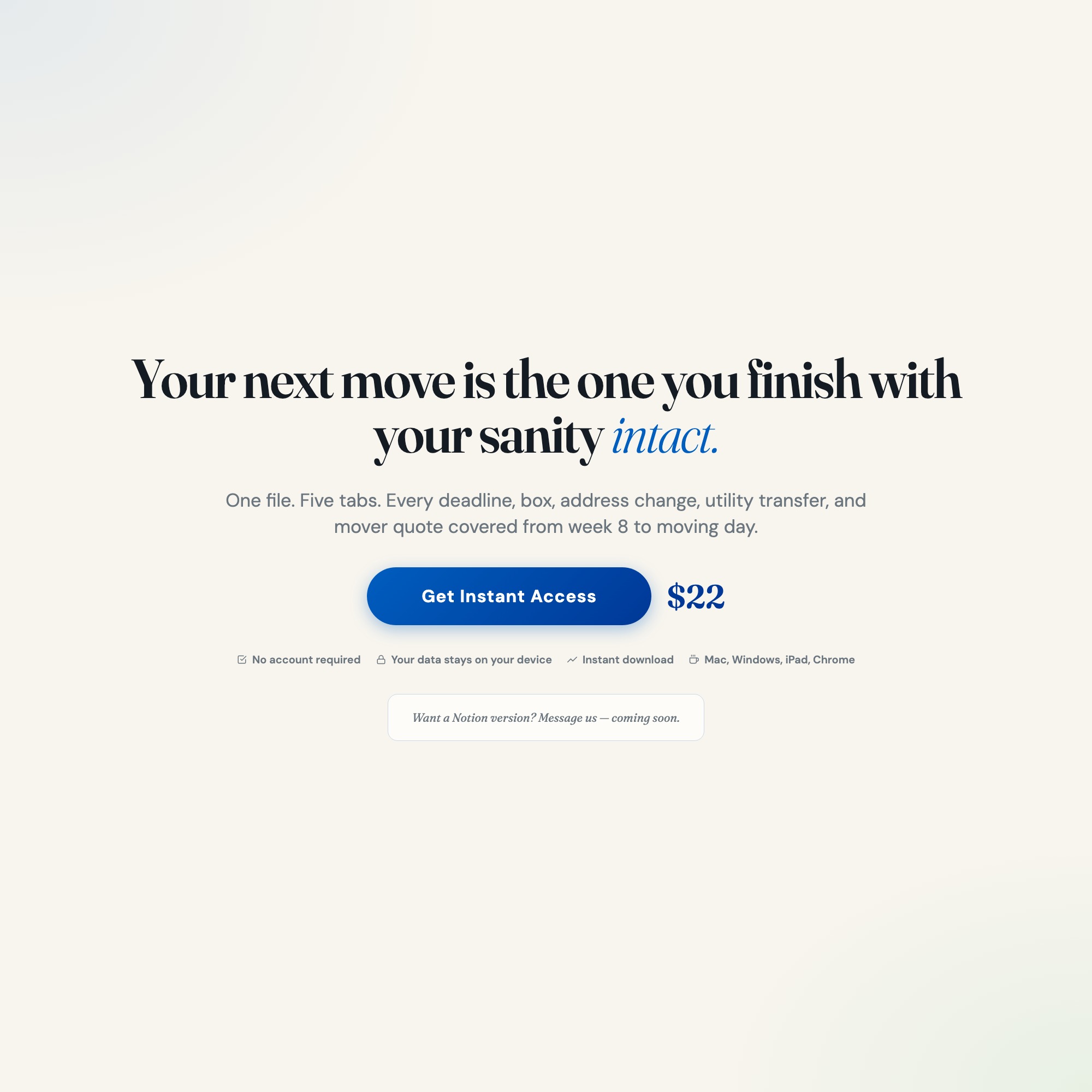 Moving relocation command center instant download call to action with offline access and privacy guarantee