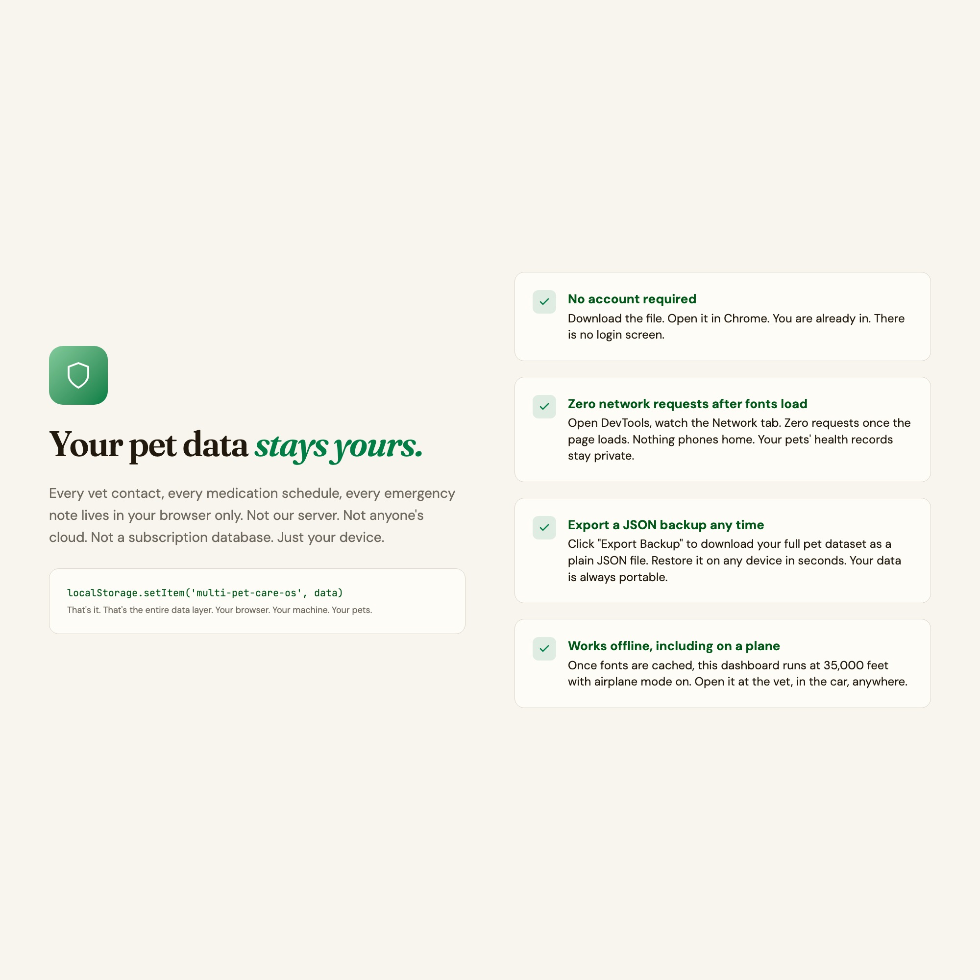 Pet health records stay in your browser, no cloud upload, no account, localStorage only, JSON backup export