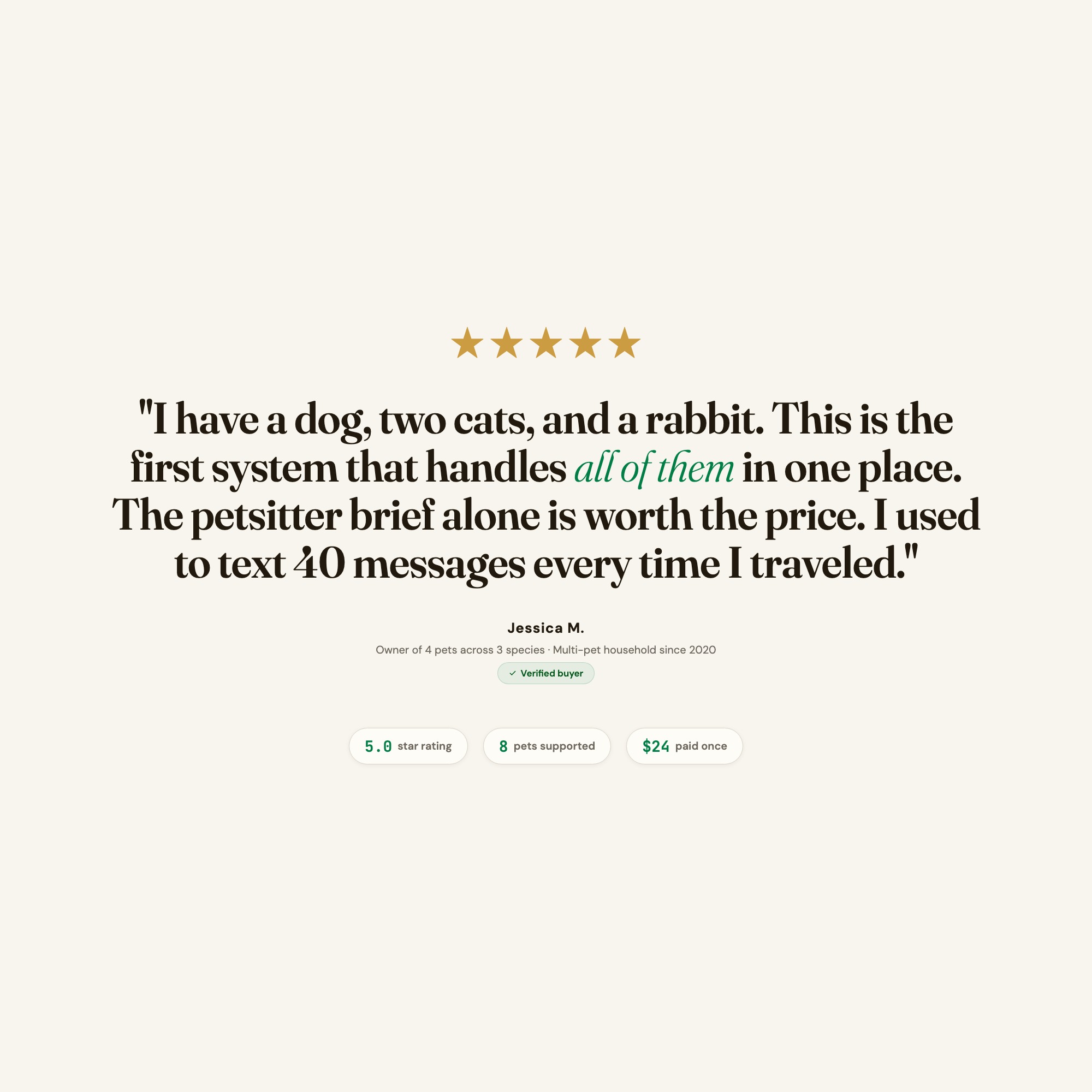 5-star review: multi-pet household dashboard handles dog cat and rabbit in one place with petsitter brief