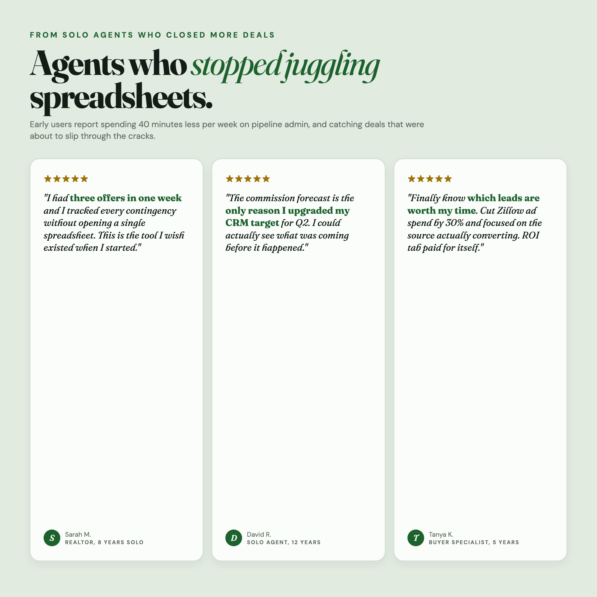 Real estate agents review: Three offers in one week tracked every contingency without a spreadsheet — 5-star listing dashboard