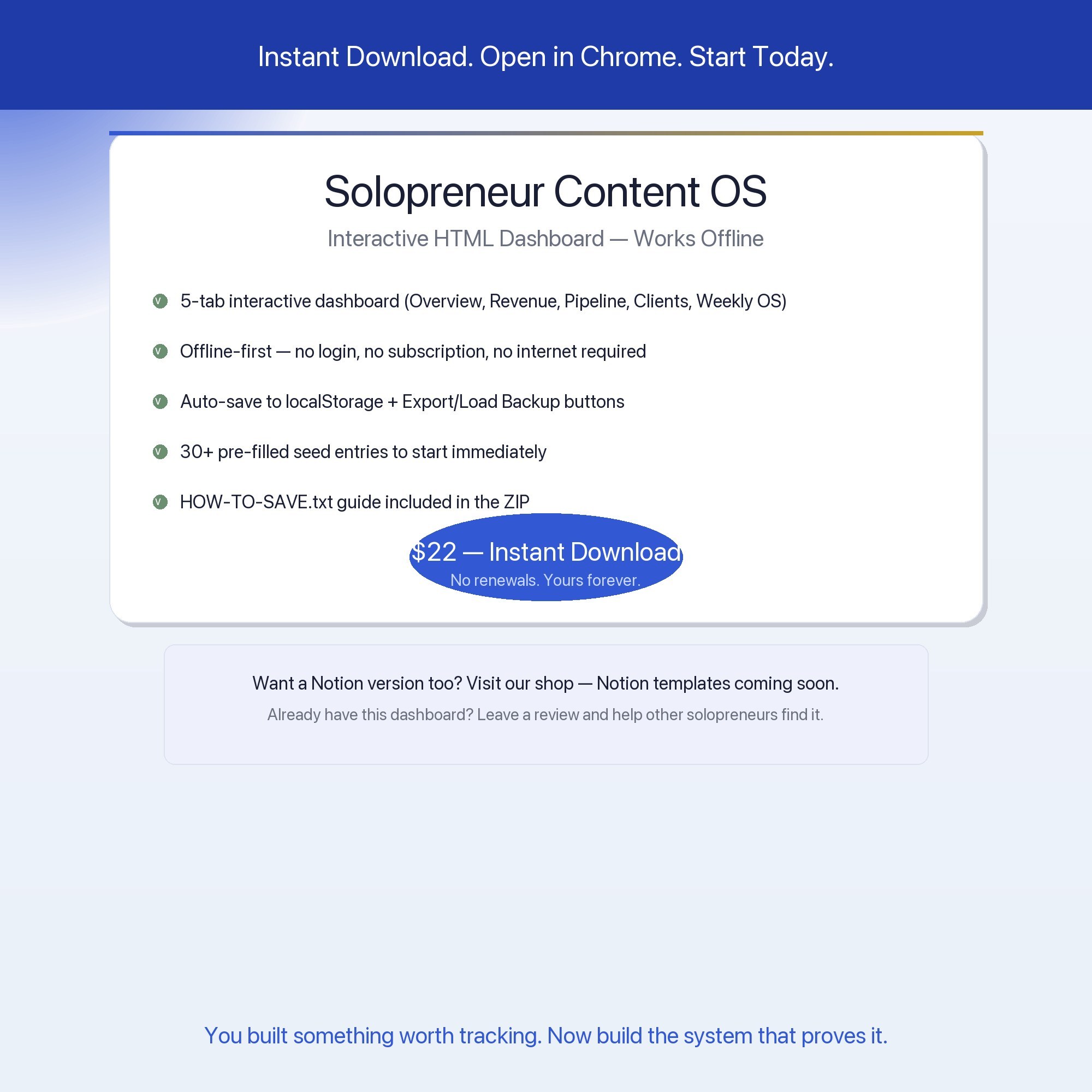 Solopreneur Content OS instant download — $22 one-time purchase, no renewals, interactive HTML productivity dashboard
