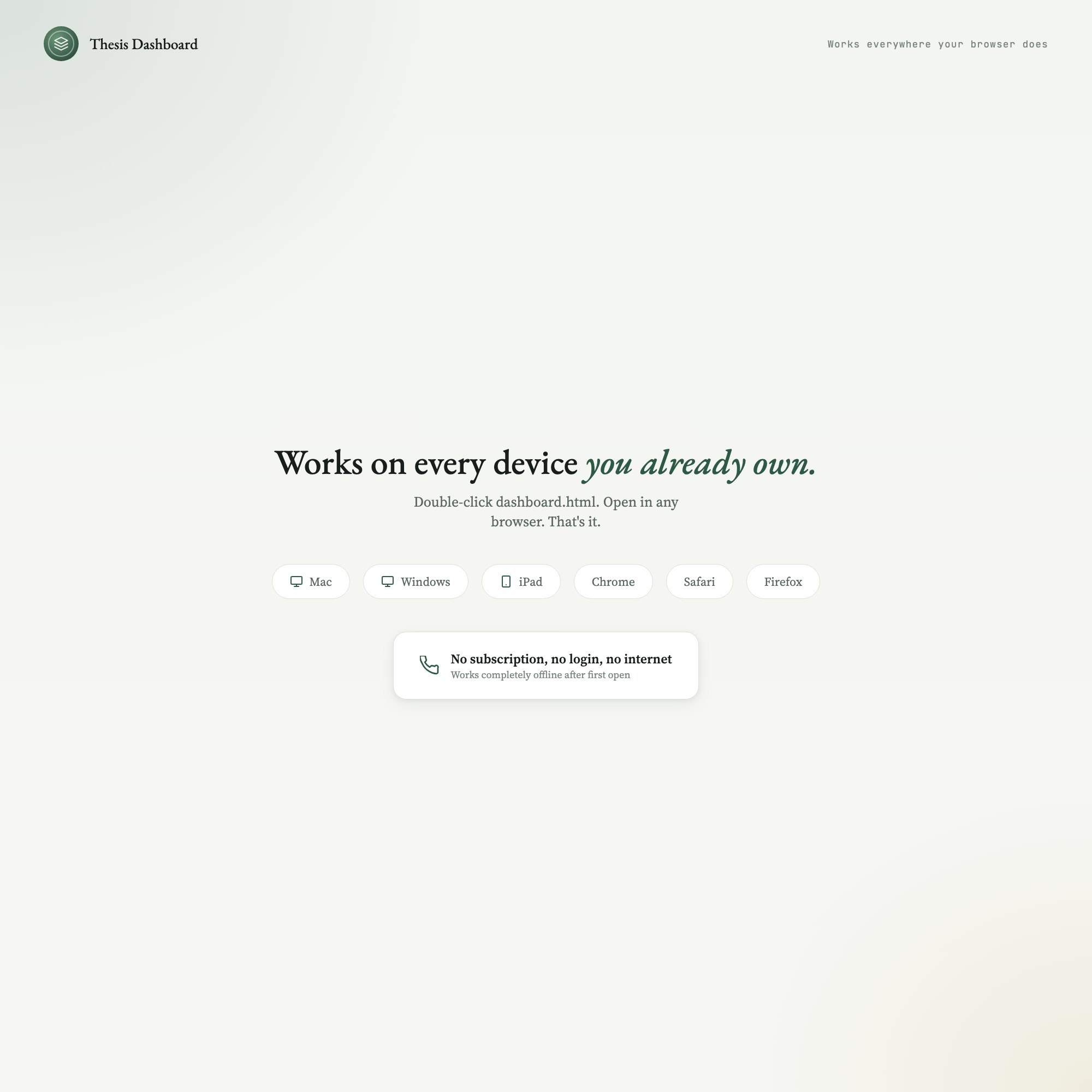 Thesis milestone dashboard works on Mac, Windows, iPad, Chrome, Safari, and Firefox with no internet or login required