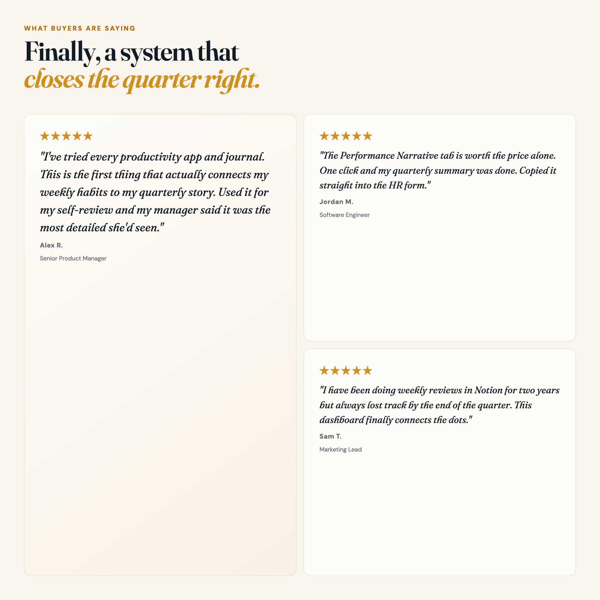 Five star reviews for weekly review productivity OS: knowledge workers love the performance narrative feature